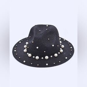 Western Pearl Cowboy Fedora Wide Brim Straw Floppy Hat